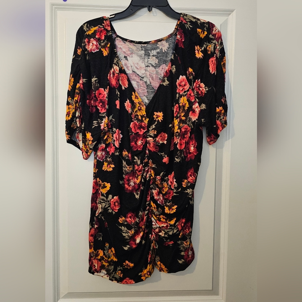 Lane Bryant Black Floral Blouse With Center Front Ruching